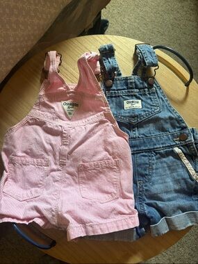 OshKosh B'gosh Pink Striped and Blue Denim Shortalls Set